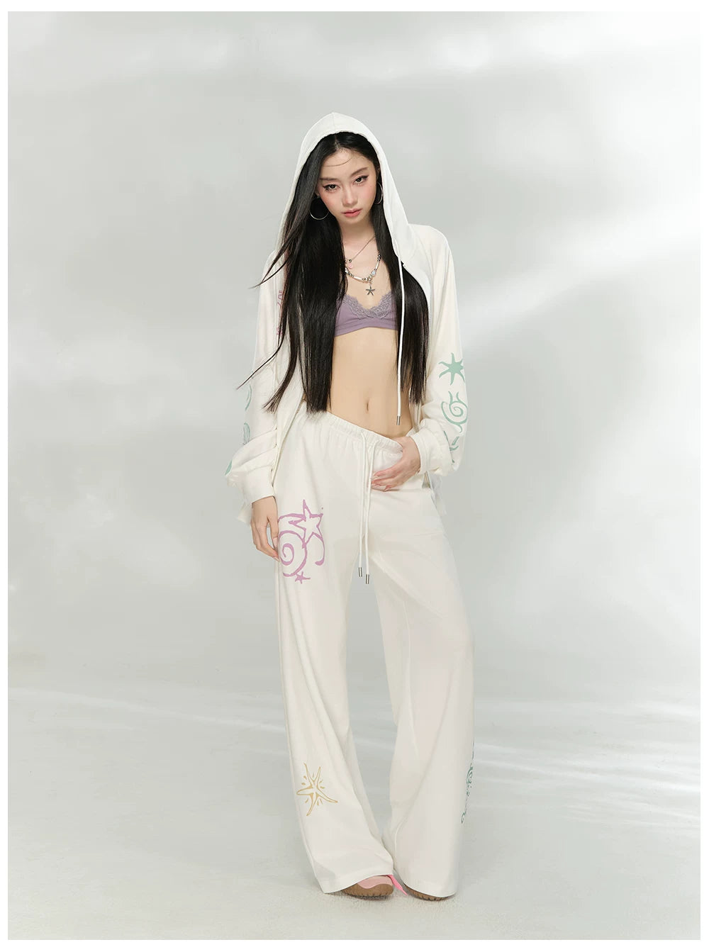 Printed Waffle Knit Hoodie &amp; Pants Set