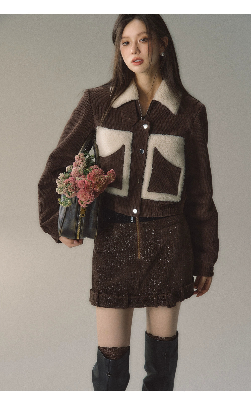 Brown Faux Fur Patchwork Short Jacket - CHINASQUAD