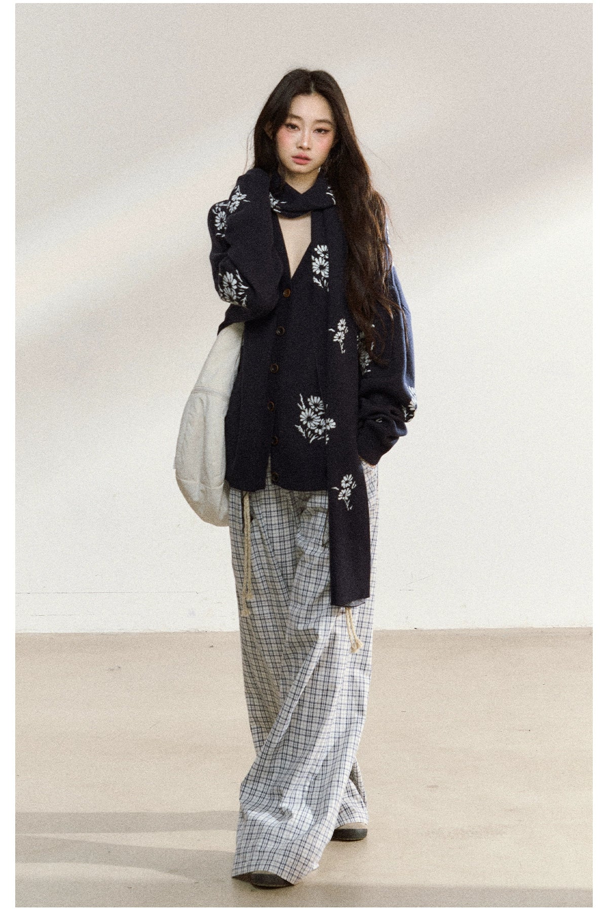 Navy Floral Jacquard Knit Cardigan