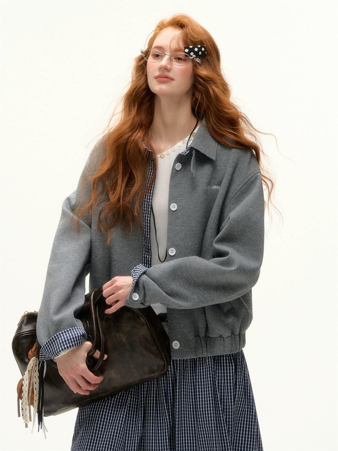 Plaid Panel Embroidered Collar Jacket