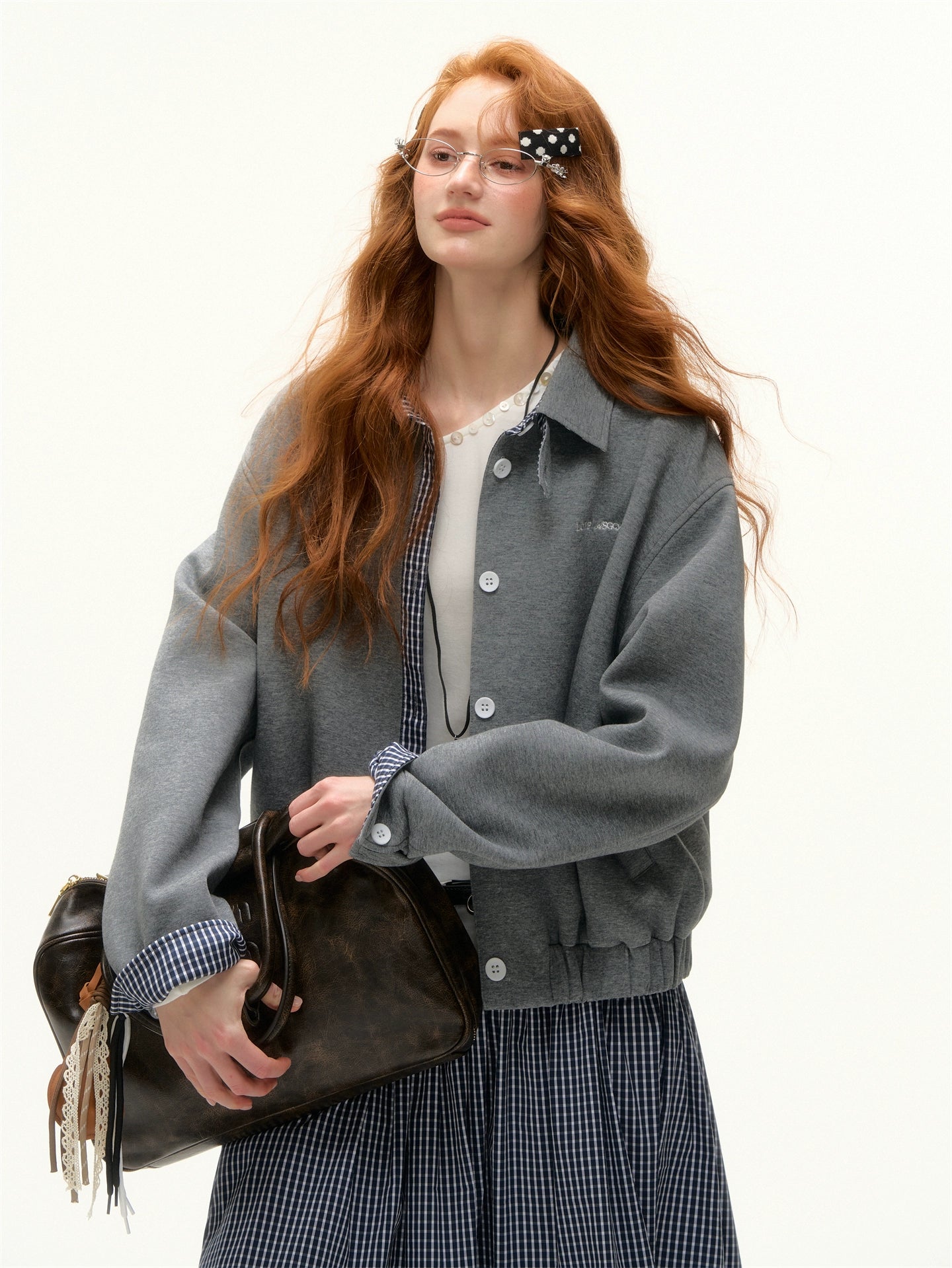 Plaid Panel Embroidered Collar Jacket