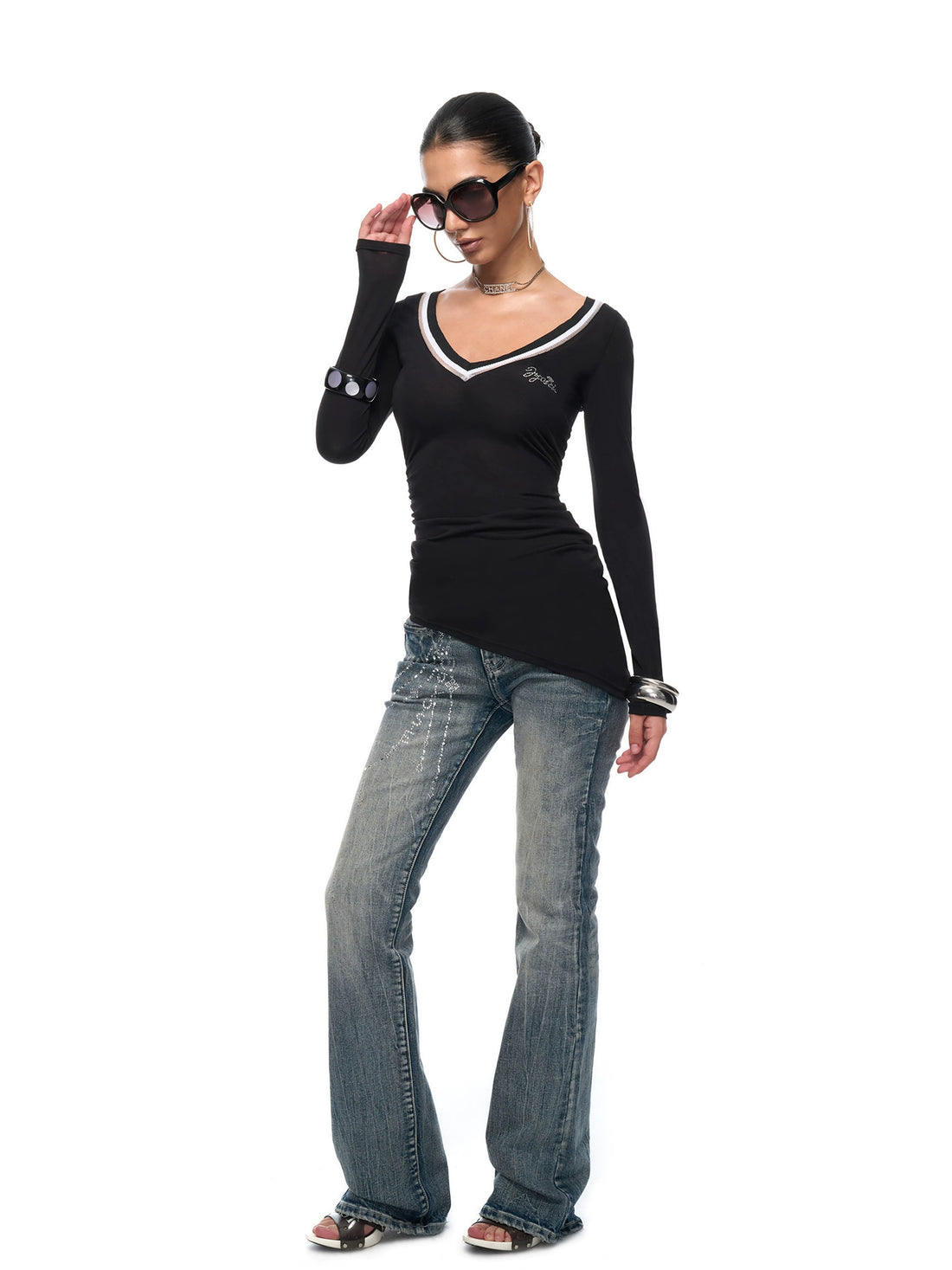 Ruched V-Neck Semi-Sheer Knit Blouse