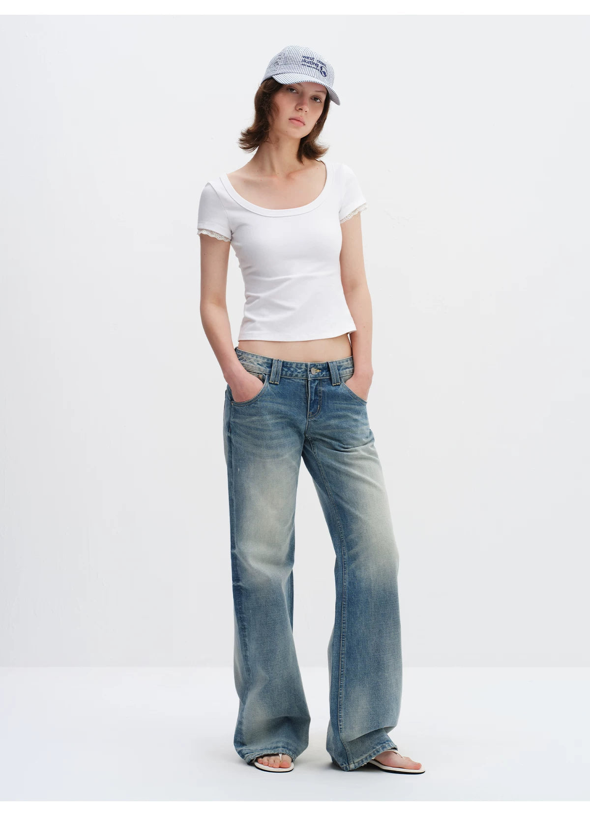 Lace Trim Scoop Neck Fitted Cotton T-Shirt