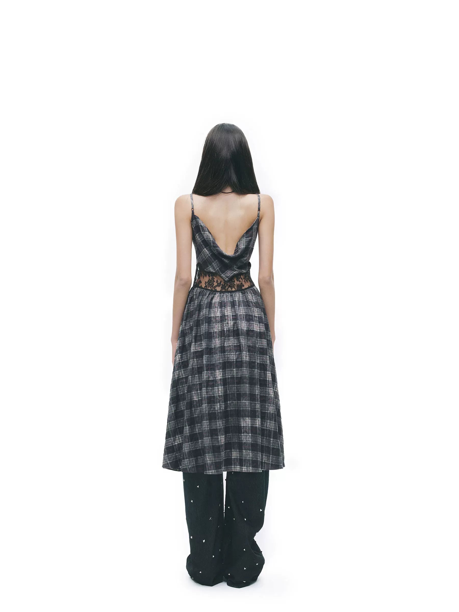 Grunge Plaid Lace Panel Slip Dress