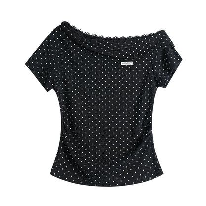 Asymmetric Off-Shoulder Polka Dot Lace Trim Fitted T-Shirt