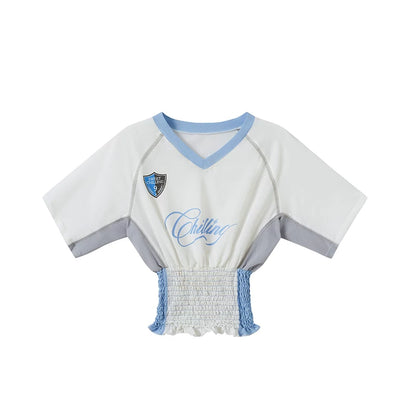 White &amp; Blue V-neck Smocked Jersey Baby Tee