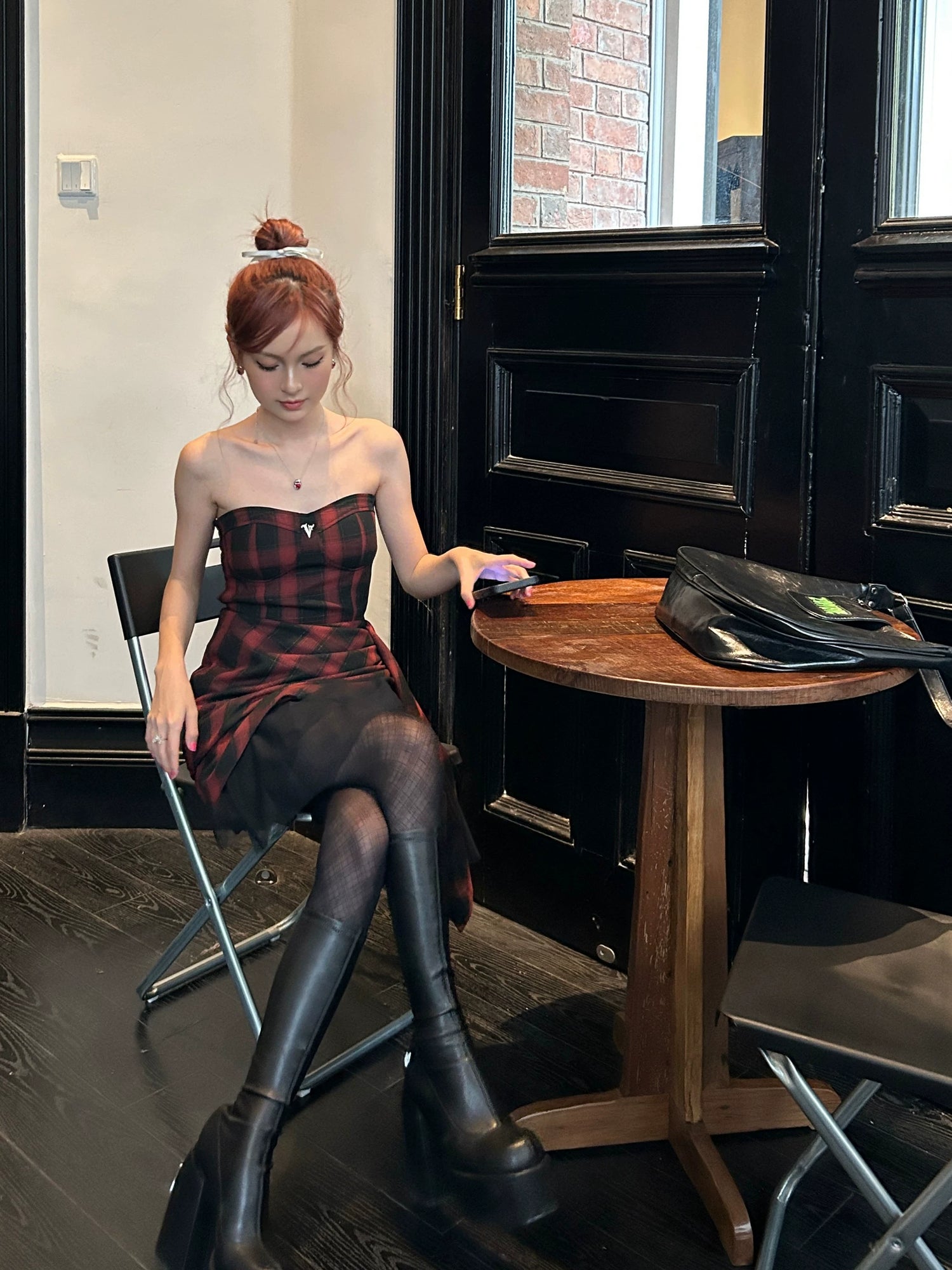 Red-Black Plaid Waist-Defining Dress