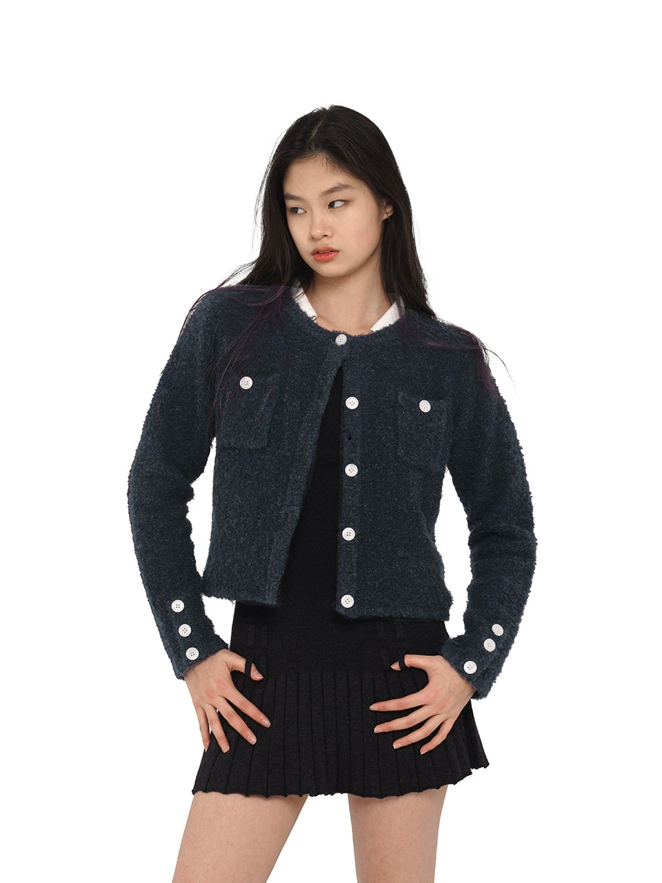 Navy Contrasting Buttons Knit Cardigan &amp; Skirt Set