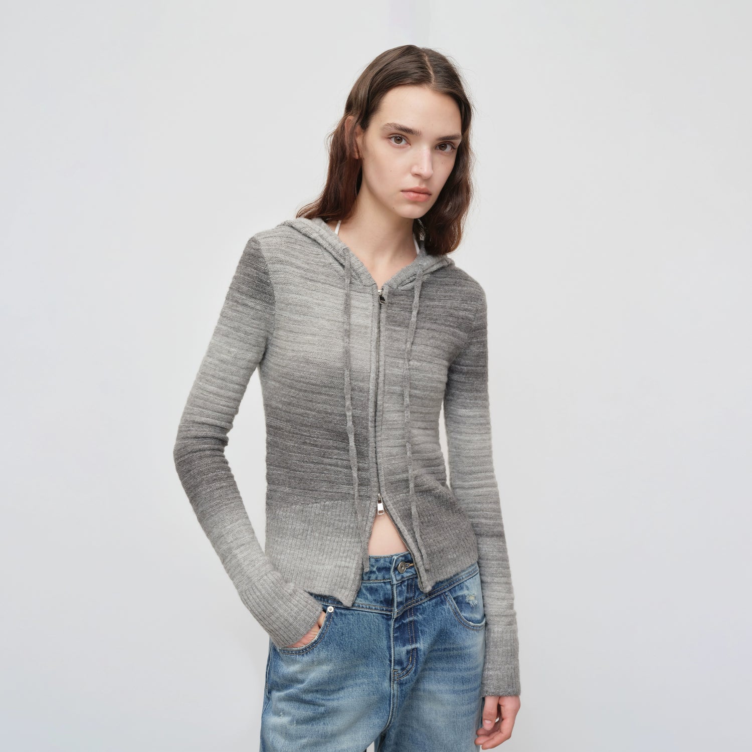 Ombre Wool Blend Double-Zip Hooded Cardigan