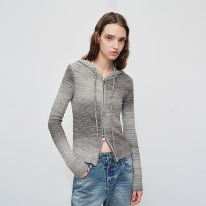 Ombre Wool Blend Double-Zip Hooded Cardigan