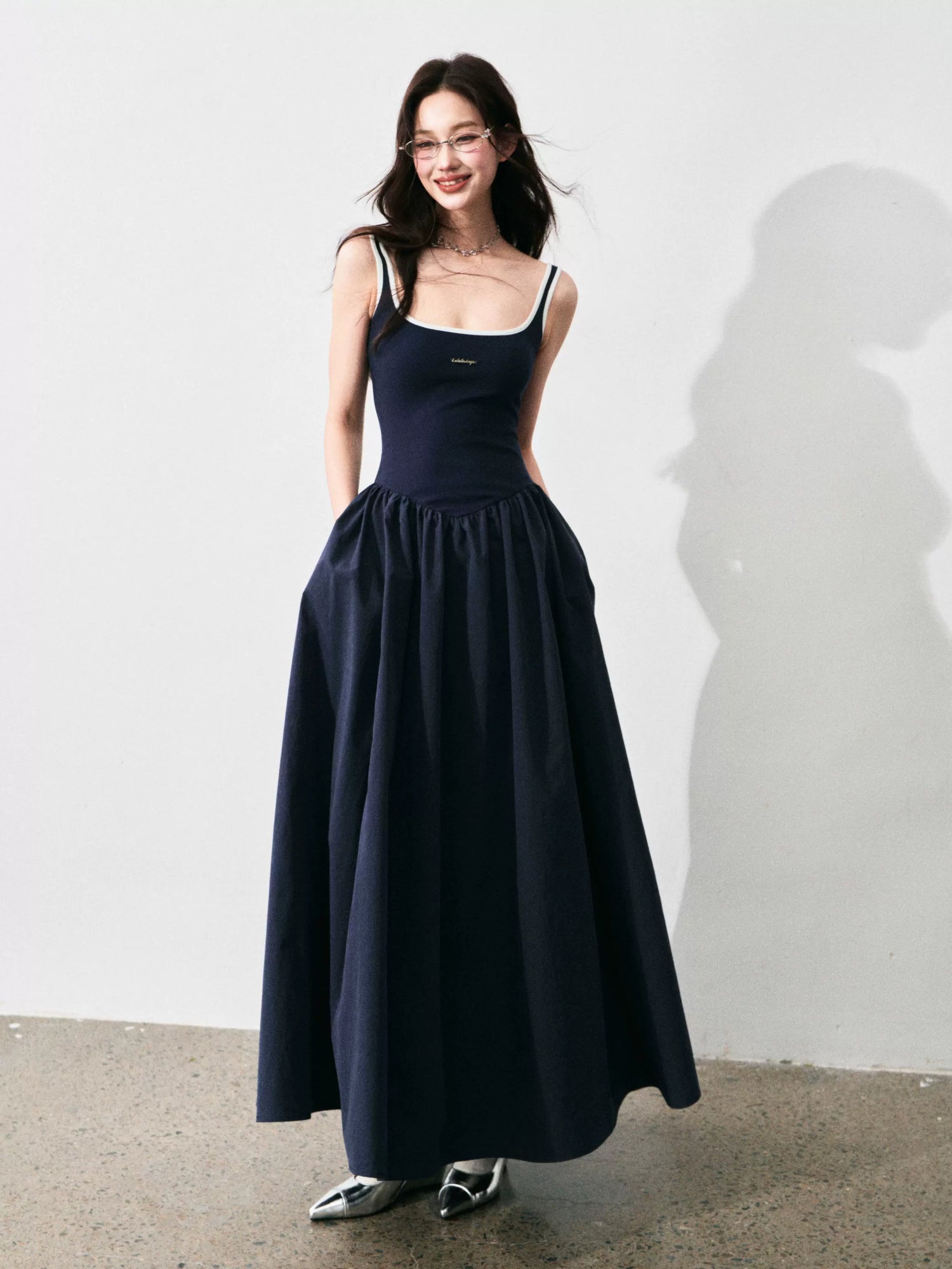 Contrast-Trim Backless Slip Maxi Dress