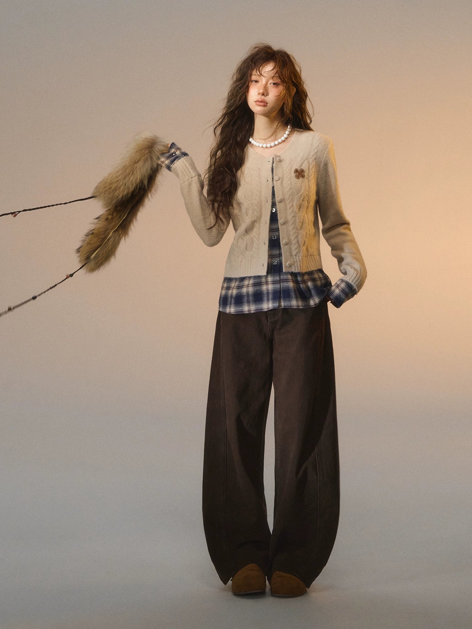 Layered Plaid Patchwork Cable Knit Cardigan