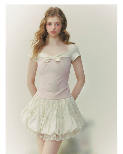 Contrast Bow Square-Neck Fitted Tee