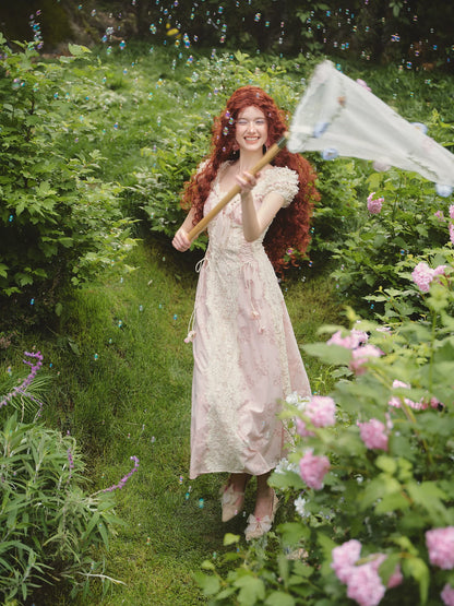 French Sweet Empire-Waist Lace Tie Dress