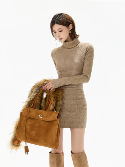 Lace High-Neck Knit Mini Dress