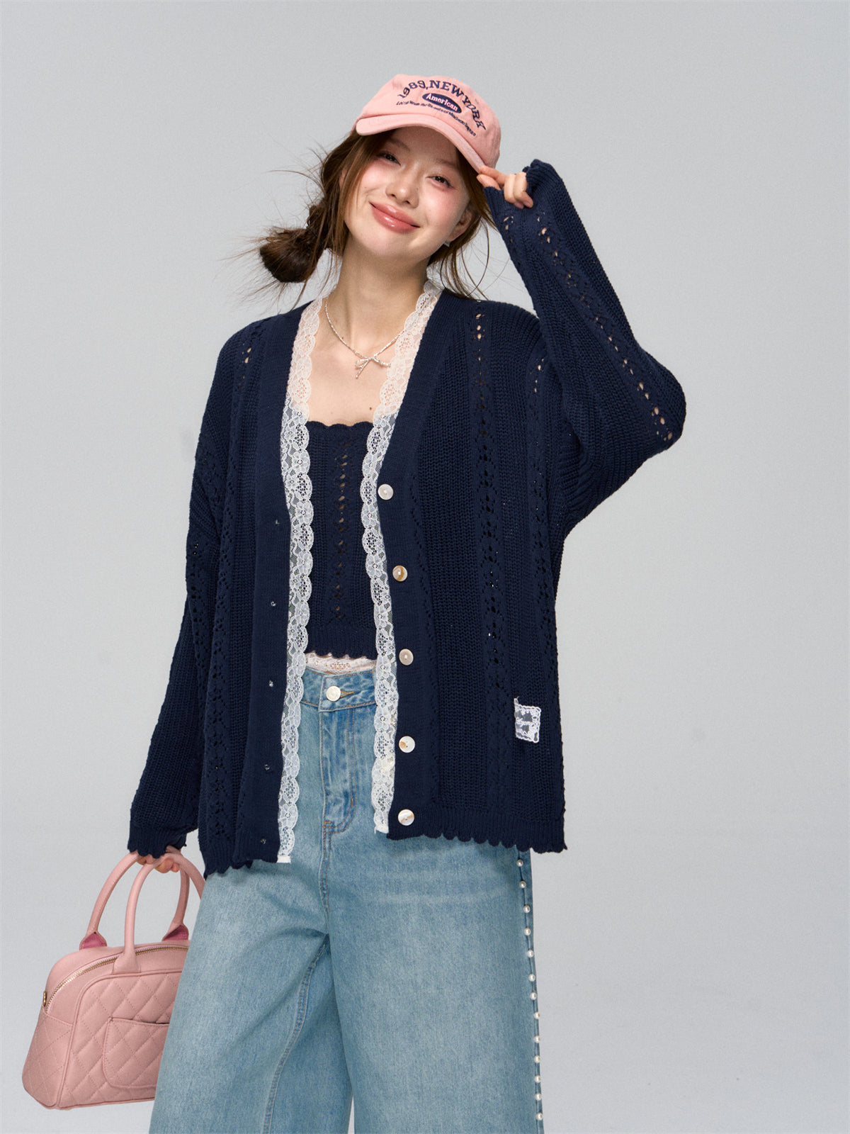 Lace-Trimmed Knit Cardigan