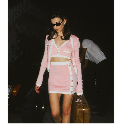 Vintage Contrast-Trim Knit Three-Piece Set