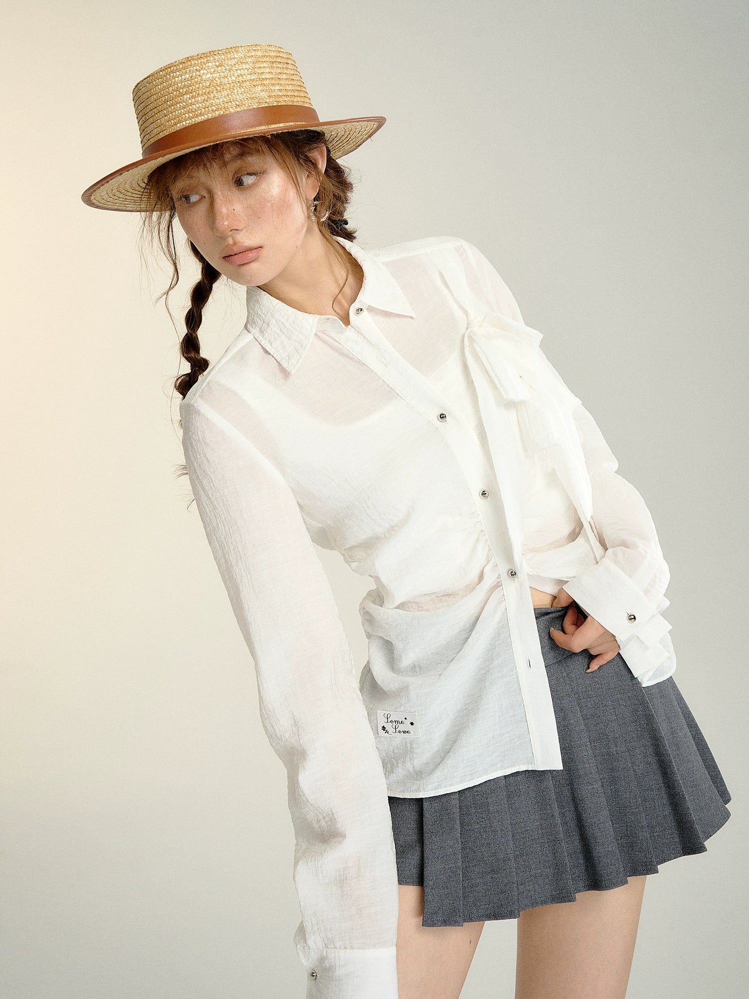 White Bow Tie Waist Shirt