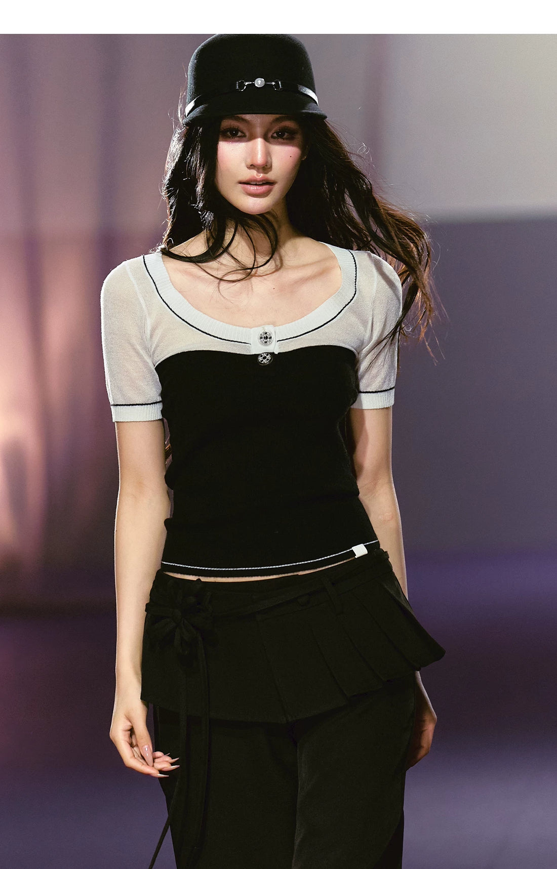 Semi-sheer Sparkly Color-block Short-sleeve Top