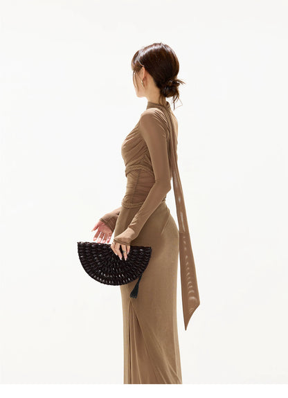 One-Shoulder Mesh Cut-Out Maxi Dress