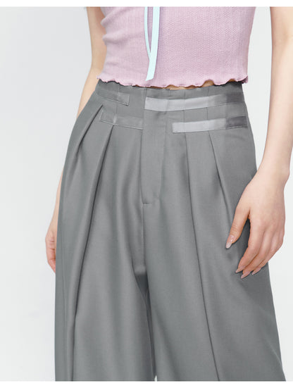 Pink &amp; Grey High-waist Satin Ribbon Trousers - CHINASQUAD