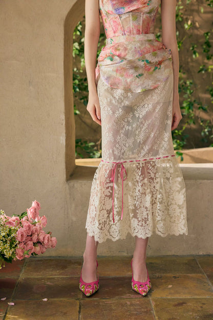 Romantic Oil-Paint Lace Corset Top &amp; Skirt Set