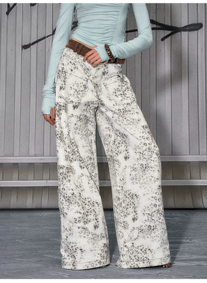 Vintage Leopard-Print Cotton Wide-Leg Jeans