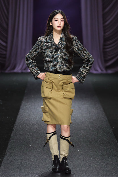 Khaki Utility Pocket Structured Midi Skirt