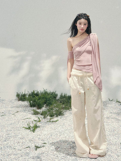 Coral Pink One-Shoulder Ribbon Blouse