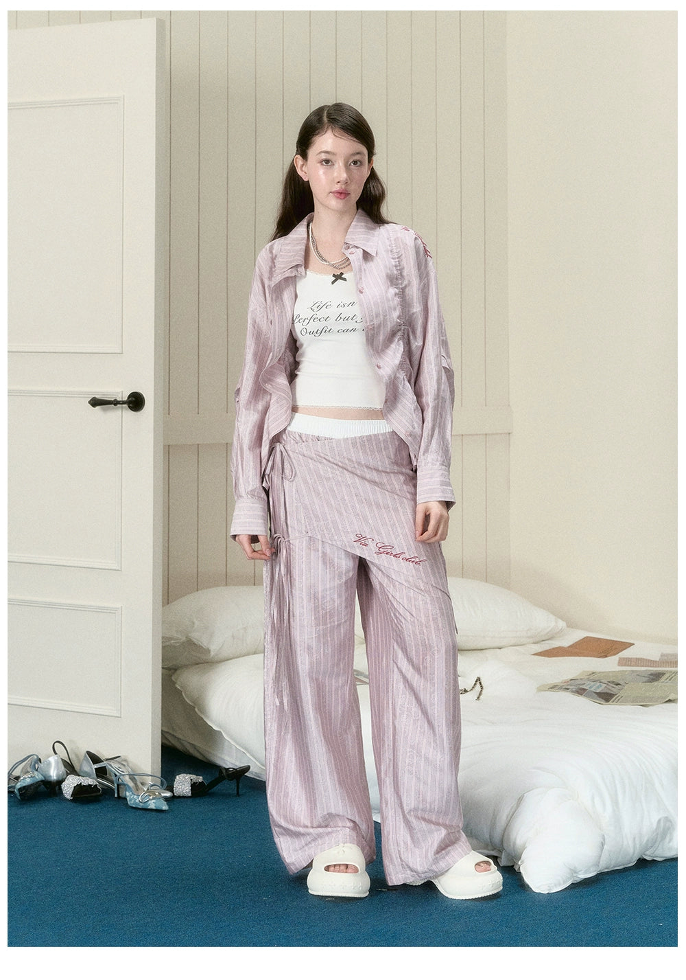 Pink Striped Wide-Leg Pants