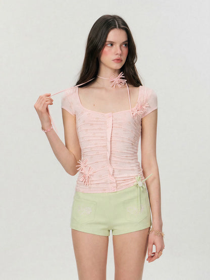 Vintage Handmade Floral Appliqué Ruched Slim-Fit T-Shirt
