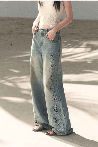 Washed Straight-Leg Wide Denim Pants