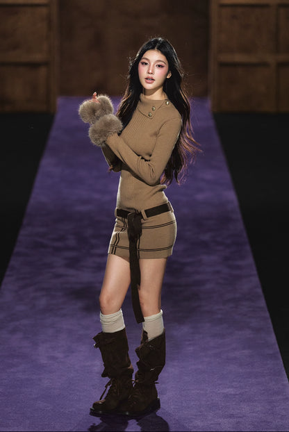 Faux Fur Cuff High-Neck Knit Dress