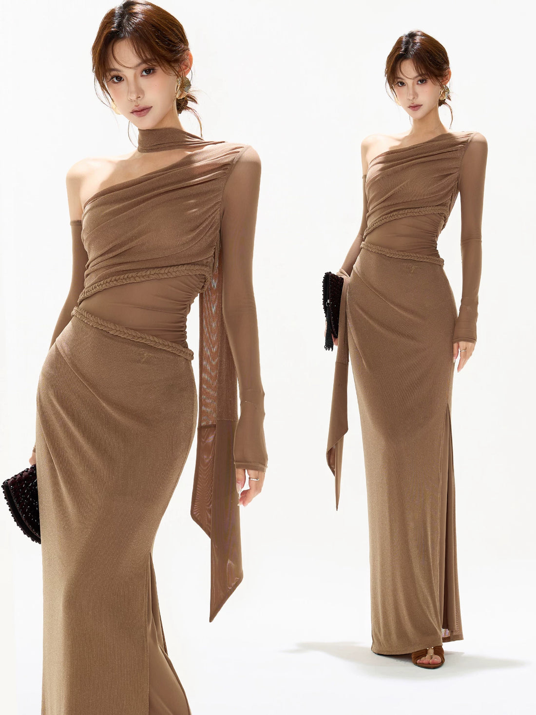 One-Shoulder Mesh Cut-Out Maxi Dress