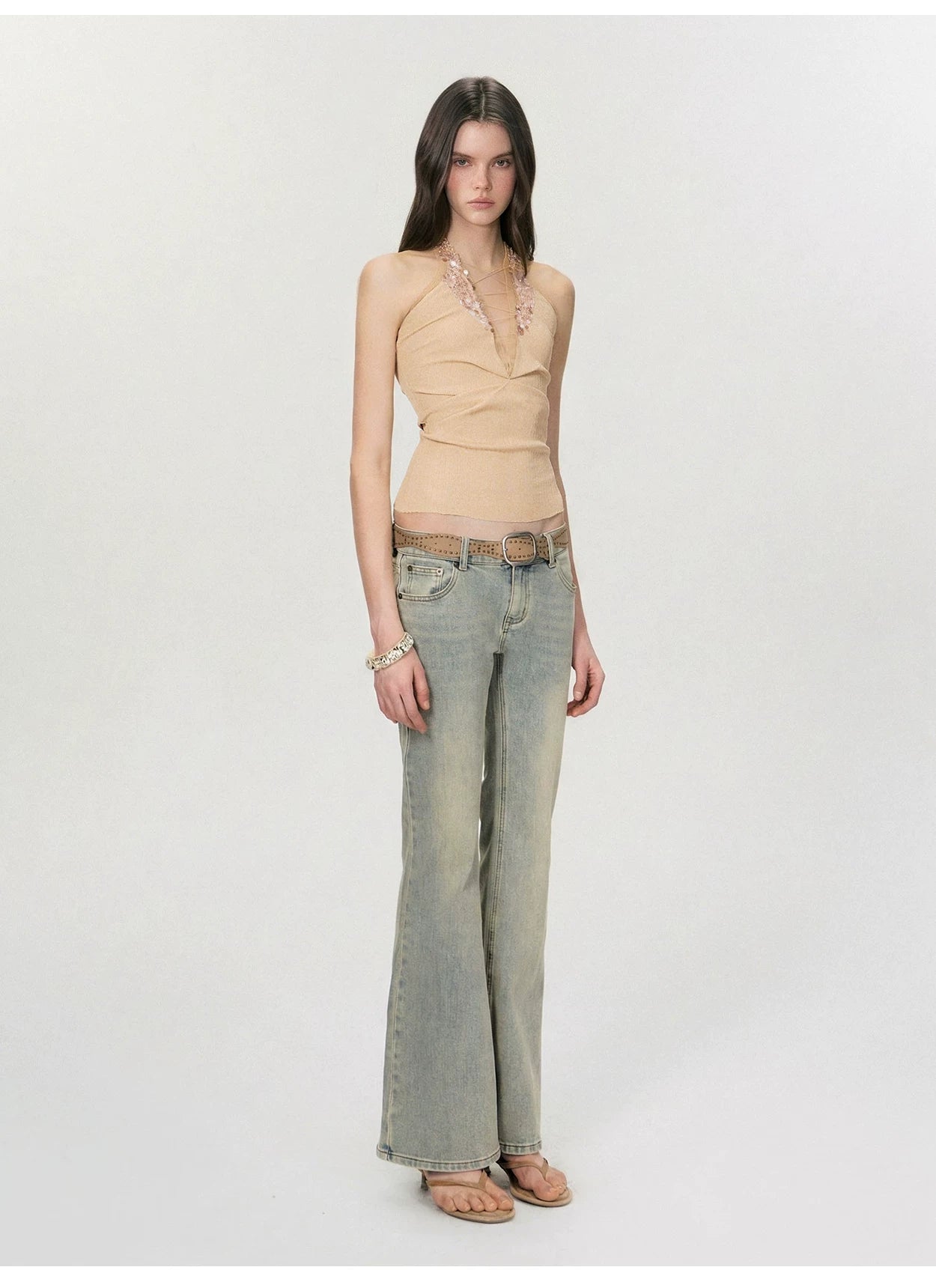 Vintage Deep V Sequin Halterneck Slim Fit Tank Top