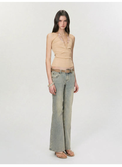 Vintage Deep V Sequin Halterneck Slim Fit Tank Top