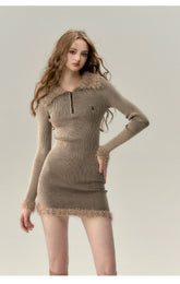 Khaki Collar Knit Mini Dress - CHINASQUAD