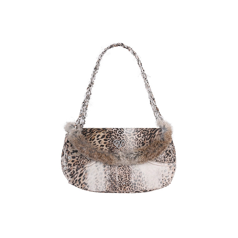 Leopard Print Rabbit Fur Dumpling Bag