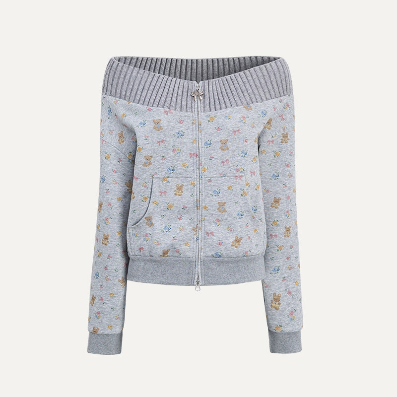 Floral Bunny Off-Shoulder Zip-up Sweatshirt