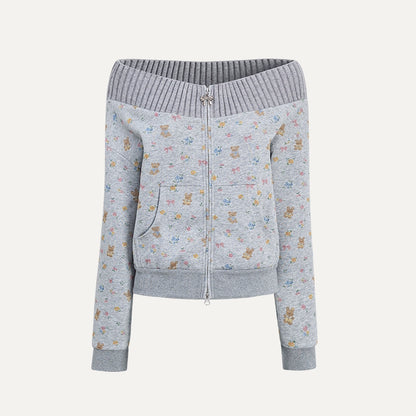 Floral Bunny Off-Shoulder Zip-up Sweatshirt