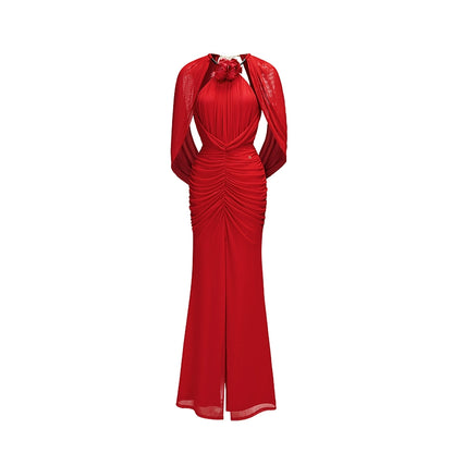 Deva Halter Backless Draped Split Maxi Dress