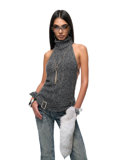 Backless High-Neck Cable-Knit Sweater