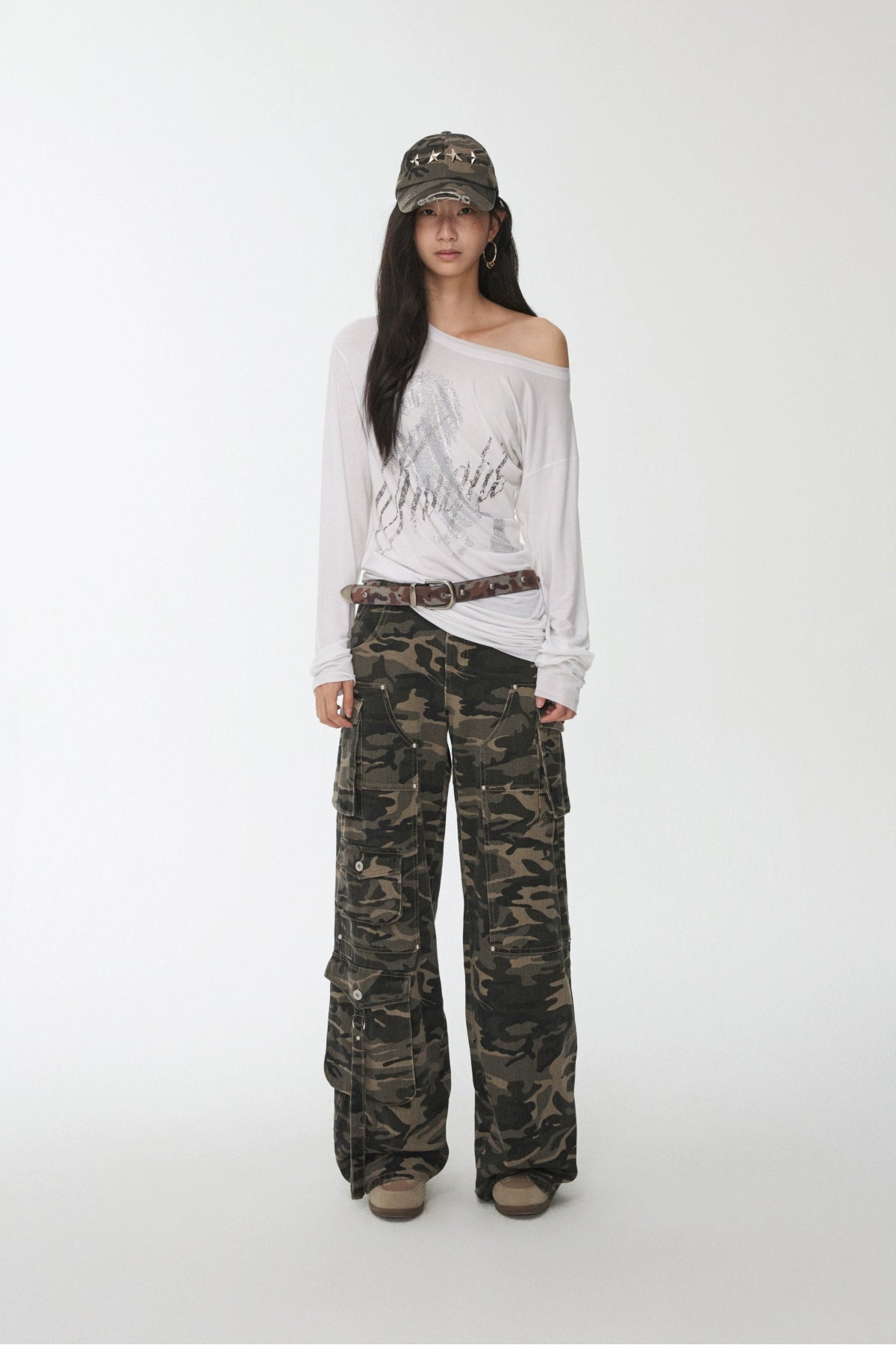 Asymmetric Draped Crystal-Embellished Long Sleeve T-Shirts