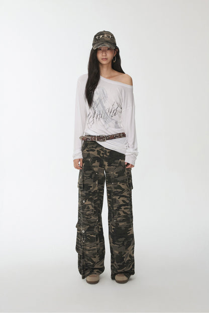 Asymmetric Draped Crystal-Embellished Long Sleeve T-Shirts