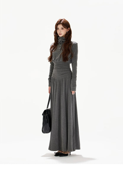 Pleated Waist-Defining A-Line Maxi Dress