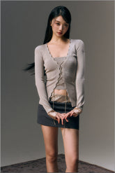 Gray Lace Up Cardigan & Tank Top Set - CHINASQUAD