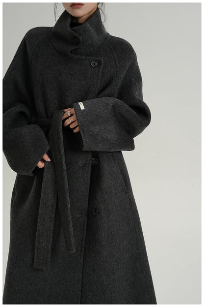 Stand-Collar Long Wool Double-Faced Coat