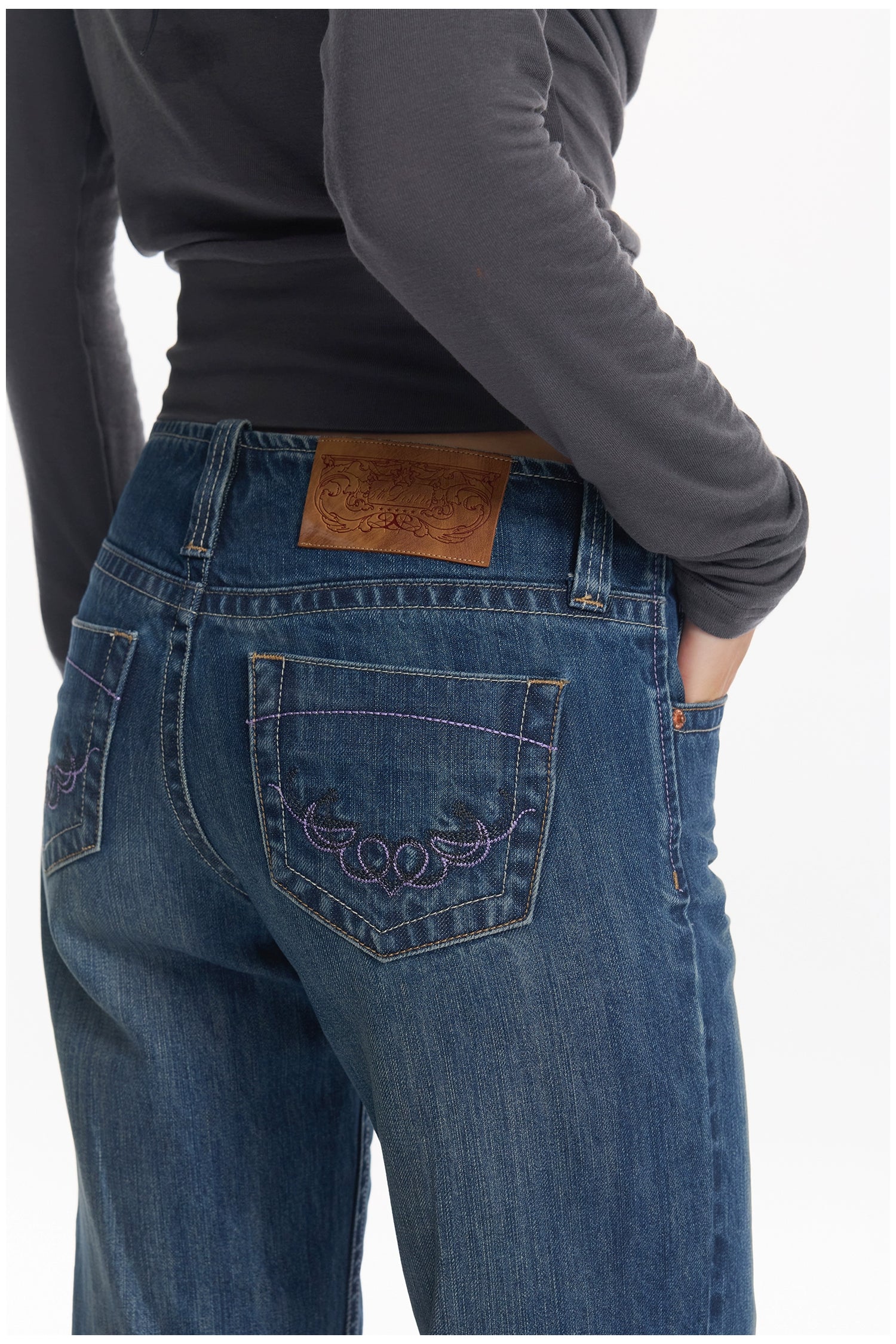 Washed Blue Embroidered Straight Jeans - CHINASQUAD