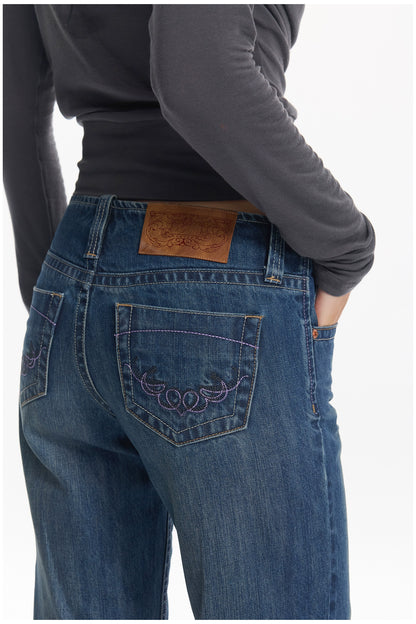 Washed Blue Embroidered Straight Jeans - CHINASQUAD
