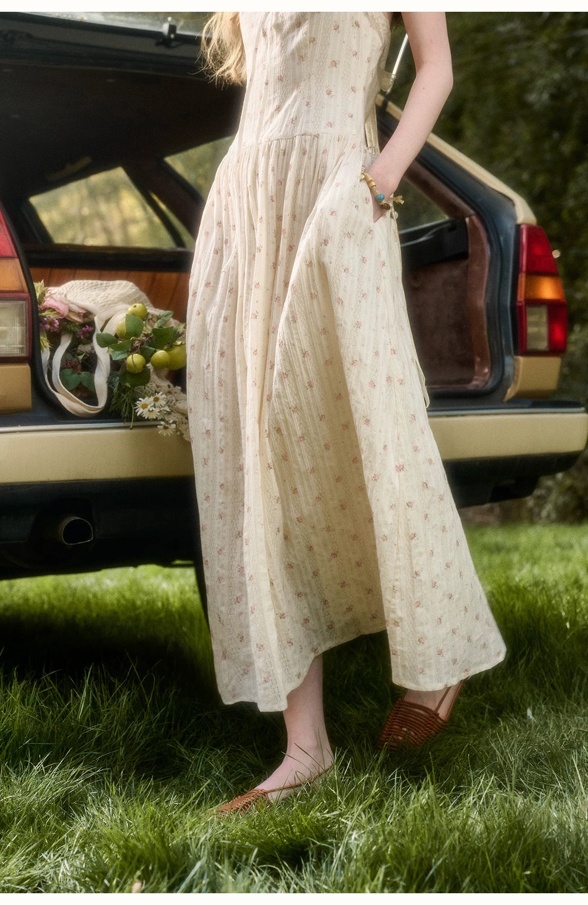 Vintage French Lace Cotton Floral Maxi Dress